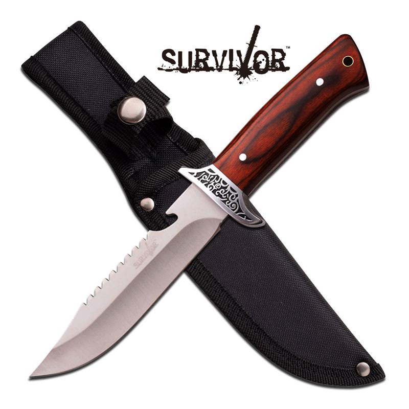 Fixed Blade Wood Handle Rear Serrations Hunting Knife - Tophatter's Army Products & Self Defense Collectible Weapons - Tophatter Daily Deals